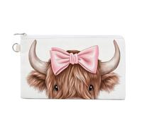 Canvas Wallet Bag,Little Highland Bull with Pink Bow Print Coin Purse, Zipper Change Purse,Small Cosmetic Bag