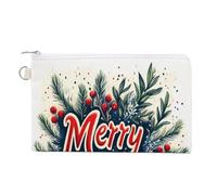 Canvas Wallet Bag,Merry Christmas and Holly Mistletoe Print Coin Purse, Zipper Change Purse,Small Cosmetic Bag