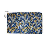 Canvas Wallet Bag,Metallic Gold Blue and White Flower Pattern Print Coin Purse, Zipper Change Purse,Small Cosmetic Bag