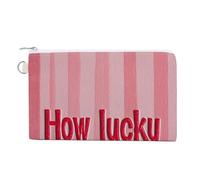 Canvas Wallet Bag,Pink-Striped with How Lucky are We Print Coin Purse, Zipper Change Purse,Small Cosmetic Bag