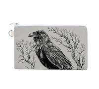Canvas Wallet Bag,Raven Perched on Skull Holding A Coffee Cup Print Coin Purse, Zipper Change Purse,Small Cosmetic Bag