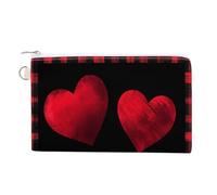 Canvas Wallet Bag,Red and Leopard Hearts with Plaid Border Print Coin Purse, Zipper Change Purse,Small Cosmetic Bag
