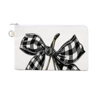 Canvas Wallet Bag,Red Cherries Black White Checkered Bow Print Coin Purse, Zipper Change Purse,Small Cosmetic Bag