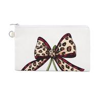 Canvas Wallet Bag,Red Cherries with Leopard Print Bow Print Coin Purse, Zipper Change Purse,Small Cosmetic Bag