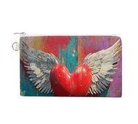 Canvas Wallet Bag,Red Heart with White Wings Print Coin Purse, Zipper Change Purse,Small Cosmetic Bag