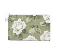 Canvas Wallet Bag,Sage Green and White Rose Pattern Print Coin Purse, Zipper Change Purse,Small Cosmetic Bag