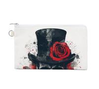 Canvas Wallet Bag,Scary Distressed Skull in Top Hat Red Rose Print Coin Purse, Zipper Change Purse,Small Cosmetic Bag