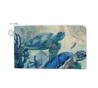 Canvas Wallet Bag,Sea Turtles Starfish Vintage Map Print Coin Purse, Zipper Change Purse,Small Cosmetic Bag