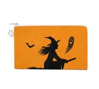 Canvas Wallet Bag,Silhouette of Witch on A Broom Ghost Print Coin Purse, Zipper Change Purse,Small Cosmetic Bag