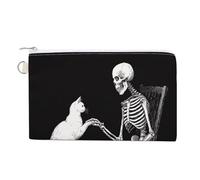 Canvas Wallet Bag,Skeleton Interacting with White Cat Print Coin Purse, Zipper Change Purse,Small Cosmetic Bag
