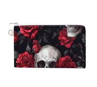 Canvas Wallet Bag,Skulls and Red Roses Print Coin Purse, Zipper Change Purse,Small Cosmetic Bag