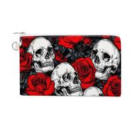 Canvas Wallet Bag,Skulls and Red Roses Vintage Print Coin Purse, Zipper Change Purse,Small Cosmetic Bag
