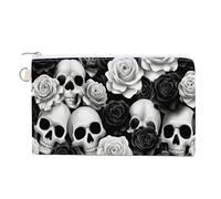 Canvas Wallet Bag,Skulls and Roses Black and White Print Coin Purse, Zipper Change Purse,Small Cosmetic Bag