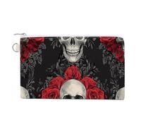 Canvas Wallet Bag,Skulls Red Roses Vintage Print Coin Purse, Zipper Change Purse,Small Cosmetic Bag
