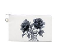 Canvas Wallet Bag,Spooky Skull Black Vase with Roses Halloween Print Coin Purse, Zipper Change Purse,Small Cosmetic Bag