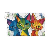 Canvas Wallet Bag,Stained Glass Colorful 3 Cats Pattern Print Coin Purse, Zipper Change Purse,Small Cosmetic Bag