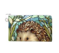 Canvas Wallet Bag,Stained Glass Hedgehog Wildflowers Daisies Print Coin Purse, Zipper Change Purse,Small Cosmetic Bag