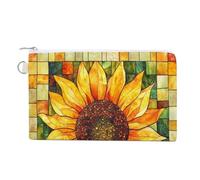 Canvas Wallet Bag,Stained Glass Sunflower Patchwork Quilt Square Print Coin Purse, Zipper Change Purse,Small Cosmetic Bag
