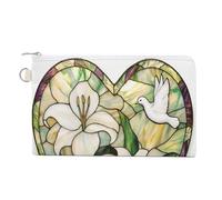 Canvas Wallet Bag,Stained Glass White Lily Flowers Dove Print Coin Purse, Zipper Change Purse,Small Cosmetic Bag