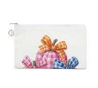 Canvas Wallet Bag,Three Checkered Pumpkins with Bows Print Coin Purse, Zipper Change Purse,Small Cosmetic Bag