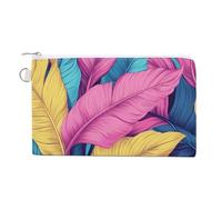 Canvas Wallet Bag,Tropical Leaves in Pink Yellow Teal Print Coin Purse, Zipper Change Purse,Small Cosmetic Bag