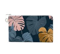 Canvas Wallet Bag,Tropical Leaves Navy Blue and Orange Print Coin Purse, Zipper Change Purse,Small Cosmetic Bag