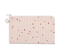 Canvas Wallet Bag,Vertical Dot Line Pattern with Tiny Red Hearts Print Coin Purse, Zipper Change Purse,Small Cosmetic Bag