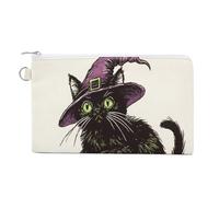 Canvas Wallet Bag,Vintage Black Cat on Orange Skull Print Coin Purse, Zipper Change Purse,Small Cosmetic Bag
