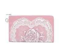 Canvas Wallet Bag,Vintage Heart Rose Pattern with White Lace Border Print Coin Purse, Zipper Change Purse,Small Cosmetic Bag