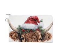 Canvas Wallet Bag,Watercolor Christmas Highland Cow Print Coin Purse, Zipper Change Purse,Small Cosmetic Bag