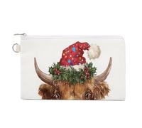 Canvas Wallet Bag,Watercolor Cute Highland Cow Red Christmas Hat Print Coin Purse, Zipper Change Purse,Small Cosmetic Bag