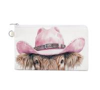Canvas Wallet Bag,Watercolor Highland Cow Pink Cowboy Hat Print Coin Purse, Zipper Change Purse,Small Cosmetic Bag
