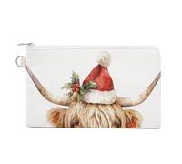 Canvas Wallet Bag,Watercolor Highland Cow with Christmas Hat Print Coin Purse, Zipper Change Purse,Small Cosmetic Bag
