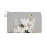 Canvas Wallet Bag,White Poinsettias Holly Leaves Golden Bells Print Coin Purse, Zipper Change Purse,Small Cosmetic Bag