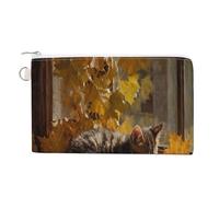 Canvas Wallet Bag,Window Kitten Reading Maple Leaves Print Coin Purse, Zipper Change Purse,Small Cosmetic Bag