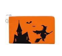 Canvas Wallet Bag,Witch on Broom Flying Haunted House Print Coin Purse, Zipper Change Purse,Small Cosmetic Bag