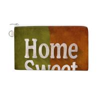 Canvas Wallet Bag,Words Home Sweet Home on Green Brown Print Coin Purse, Zipper Change Purse,Small Cosmetic Bag