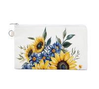 Canvas Wallet Bag,Yellow Sunflowers and Dark Blue Daisies Bouquet Print Coin Purse, Zipper Change Purse,Small Cosmetic Bag