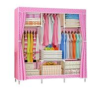 Wardrobe Canvas Wardrobe Fabric Wardrobe Foldable Clothes Closet Storage Organizer With Hanging Rail, Wardrobe Shelves for Bedroom,Pink-105x46x156cm