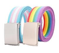 Canvas Web Belt Men with Flip-Top Silver Buckle, Rainbow Belt Plus Size Women Cut to Fit Up to 170cm, 2 Pack