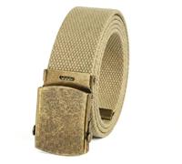 Canvas Web Belt Military Style with Antique Brass Buckle and Tip 50" Long, Khaki, One size