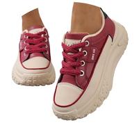 Canvas Wedge Shoes for Women Classic Chunky Platform Casual Sneakers Low Top Lace Up Tennis Sports Shoes Non Slip Fashionable Comfortable Lightweight Walking Shoes Red