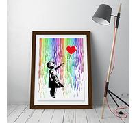 CanvasArtShop- BANKSY BALLOON GIRL COLOURED RAIN- PREMIUM WALL ART FRAMED PICTURE PRINTS - 3 COLOURS - 4 SIZES (WALNUT, A1)