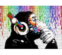 CanvasArtShop- BANKSY DJ MONKEY RAINBOW PAINT RAIN- PREMIUM WALL ART FRAMED PICTURE PRINTS - 3 COLOURS - 4 SIZES (UNFRAMED, A2)