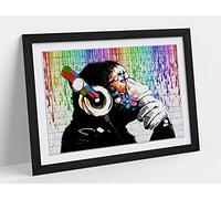CanvasArtShop- BANKSY DJ MONKEY RAINBOW PAINT RAIN- PREMIUM WALL ART FRAMED PICTURE PRINTS - 3 COLOURS - 4 SIZES (BLACK, A3)