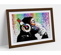 CanvasArtShop- BANKSY DJ MONKEY RAINBOW PAINT RAIN- PREMIUM WALL ART FRAMED PICTURE PRINTS - 3 COLOURS - 4 SIZES (WALNUT, A1)
