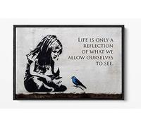 CanvasArtShop BANKSY GIRL BLUE BIRD QUOTE- FLOAT EFFECT FRAMED CANVAS WALL ART PICTURE PRINT (BLACK, 36x24)