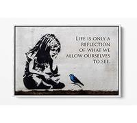 CanvasArtShop BANKSY GIRL BLUE BIRD QUOTE- FLOAT EFFECT FRAMED CANVAS WALL ART PICTURE PRINT (WHITE, 18x12)