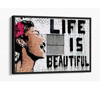 CanvasArtShop- BANKSY LIFE IS BEAUTIFUL GRAFFITI- FLOAT EFFECT FRAMED CANVAS WALL ART PICTURE PRINT (BLACK, 24x16)