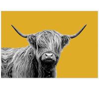 CanvasArtShop HIGHLAND COW BLACK AND WHITE YELLOW MUSTARD CANVAS WALL ART PRINT ARTWORK (47in x 32in / 119cm x 81cm)